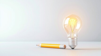 Pencil with Light Bulb 3D rendered pencil and light bulb with glowing filaments, futuristic design, represents technological innovation and invention