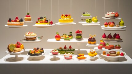 artistic food clay showcase, suspended white display platform, modeled clay cuisine collection, hand-shaped fruits vegetables, colorful clay dishes, sculpted pastry designs, lifelike food textures,