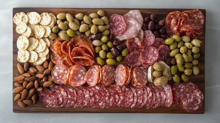 Flat lay of charcuterie board with meats, nuts, and olives. picture