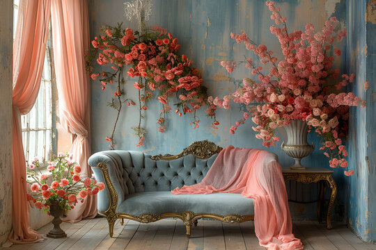 exquisite Rococo style interior. romantic elegance with vintage charm. lavish blue velvet chaise lounge. coral-pink fabric. lush floral arrangements