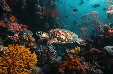 Colorful Hawaiian Green Sea Turtle Swimming Among Vibrant Coral Reef Life in Clear Tropical Ocean Waters under Bright Sunlight