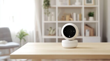 contemporary baby safety device showcase, compact white surveillance camera, rectangular monitoring screen display, warm wooden tabletop, white storage shelving background, minimal room setting,