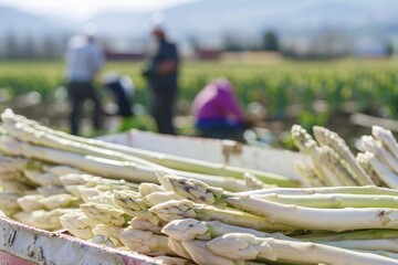 Box with white asparagus vegetables with blurry agricultural field with workers at harvest in background. KI generiert, generiert AI generated