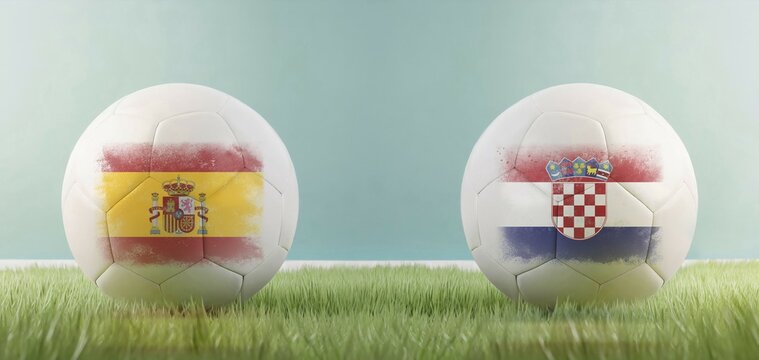 Spain vs Croatia football match infographic template for Euro 2024 matchday scoreline announcement. Two soccer balls with country flags placed against each other on the green grass with copy space. AI generated art