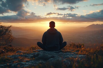 Obraz premium Person meditates on a mountain during sunset with vibrant colors illuminating the landscape