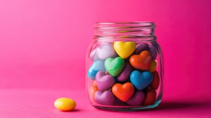 Colorful heart-shaped candies in a clear jar on pink background sweet treats vibrant display close-up view