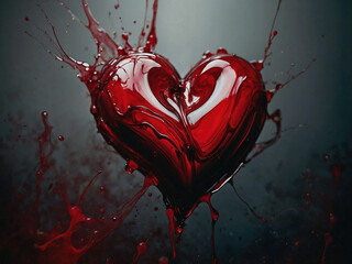 Exploding red heart with liquid splashes and glossy texture on dark background