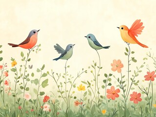 Colorful Birds in Flower Garden Watercolor Painting