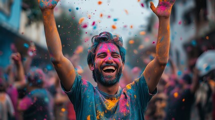 Obraz premium Man Celebrating Holi Covered in Bright Colored Powder