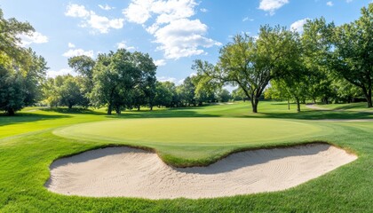 Beautiful golf course with rolling greens, strategically placed sand bunkers, and a backdrop of tall trees on a sunny day