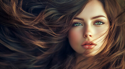 Obraz premium close-up of fashion model with long brown hairs.ai