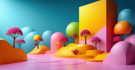 Fototapeta premium Surreal landscape with vibrant trees, rolling hills, and a glowing sun, blending organic and geometric elements. A dreamy environment with fluid shapes and soft color transitions