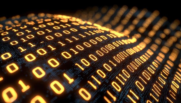 Bright, glowing digital code in orange and yellow hues, streaming across a shadowy background, ideal for tech and data visualization themes