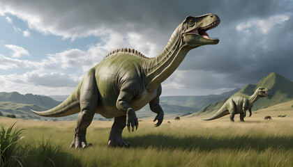 Fototapeta premium Spinosaurus in a powerful mood roaring in a grassy landscape with mountains in the background