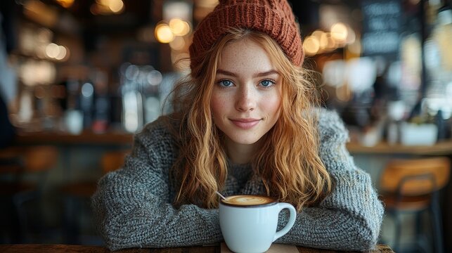 Cozy café moment featuring a young woman with beautiful blue eyes enjoying a cup of coffee in a welcoming environment
