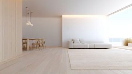Living room Open Space Open plan living room and dining area with minimal furniture and a neutral color palette, natural light and a large rug