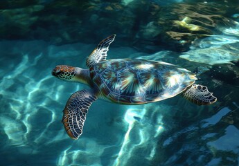 Colorful Sea Turtle Swimming Gracefully Under Crystal Clear Water in Tropical Ocean Environment, Capturing Marine Life and Nature's Beauty