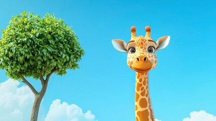 Fototapeta premium Cartoon Giraffe with Bright Blue Sky and Tree in Background