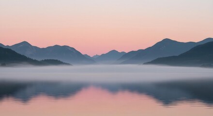 Obraz premium Serene Pink Sunset Lake Landscape with Misty Mountains