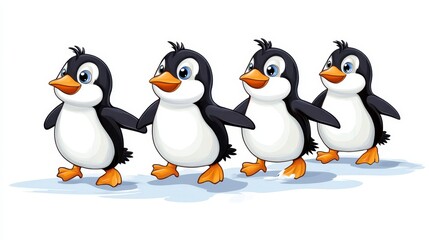 Obraz premium Cute Cartoon Penguins Walking in a Line on a White Background
