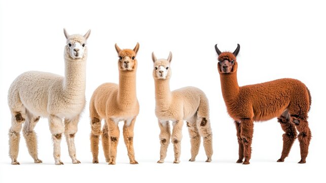 Four Colorful Alpacas Standing Together on a White Background