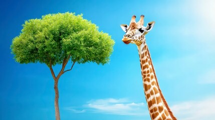 Obraz premium Giraffe Standing Beside Tree Under Clear Blue Sky in Nature Scene