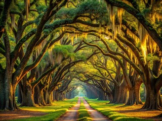Elegant Oak Alley prints capture Louisiana's antebellum charm, showcasing Spanish moss and majestic trees â€“ perfect home dÃ©cor.