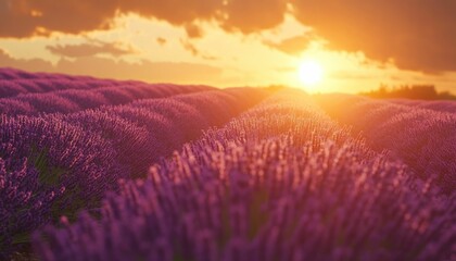 Lavender field at sunset with golden light creating warm picturesque scene