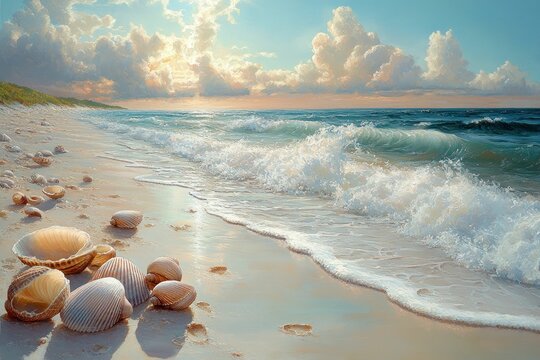 Seashells scattered on beach, waves rolling in, sunset sky
