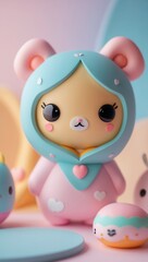 Fototapeta premium Playful pastel bear figurine in whimsical setting with colorful objects