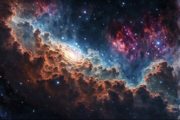 Naklejka premium Colorful nebula with ethereal clouds and a backdrop of shimmering stars in space, AI generated