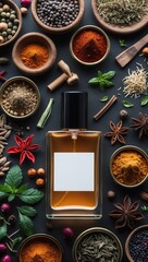 Vibrant Spices and Herbs Surrounding a Perfume Bottle