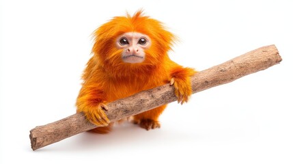Obraz premium Vibrant Orange Monkey Holding Stick on White Background
