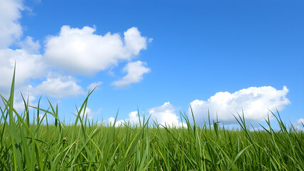 Fototapeta premium Green grass and blue sky with white clouds