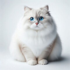 Fototapeta premium A stunning fluffy white cat sits upright, showcasing its plush fur and mesmerizing blue eyes. The soft white background highlights the feline's elegant features in a calm atmosphere