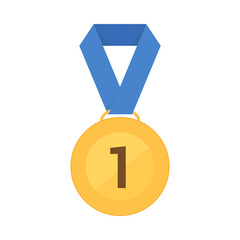 1st palce gold medal with blue ribbon. Flat style vector icon for use in contexts related to awards, competitions, achievements