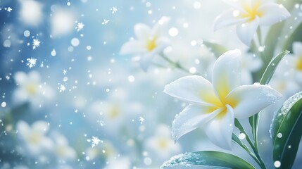 Fototapeta premium close up White plumeria flowers are very fragrant. background Snowflakes falling in the air valley