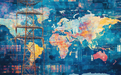 Fototapeta premium Global Energy Network Concept with Power Lines and World Map