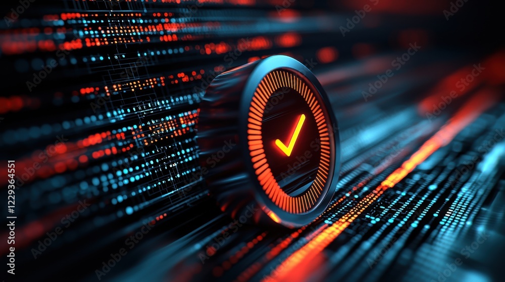 Poster a futuristic checkmark is set against a backdrop of flowing binary code in vibrant red and blue hues