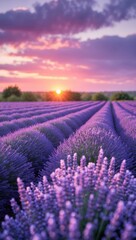 Obraz premium Lavender Fields at Sunset: A Serene Display of Purple Hues
