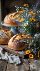 Rustic Bread and Wildflowers in a Cozy Kitchen