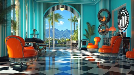 Naklejka premium Tropical resort lounge, art deco chairs, ocean view, sunny day, interior design
