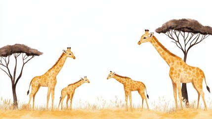 Cute Giraffes Together in Natural Habitat Watercolor Illustration