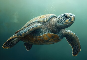 Fototapeta premium Detailed Underwater Shot of Majestic Sea Turtle Swimming Gracefully in Deep Blue Ocean Waters Capturing Tranquility and Marine Life Beauty