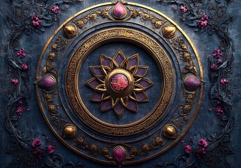 Obraz premium Ornate Bronze Mandala with Purple Accents on a Textured Blue Background