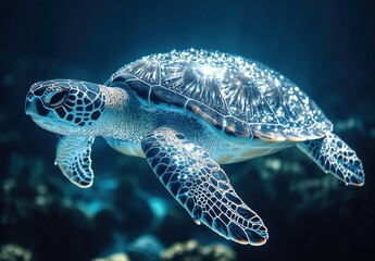 Elegantly Gliding Sea Turtle Beneath the Waves Captured in Crystal Clear Ocean Water with Sunlight Filtering Through the Surface