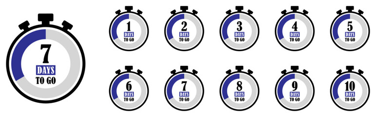 Days Left Badges. Count time sale. Number of days left. Countdown stopwatch displaying days left from 1 to 10, time tracking and deadline reminder for planning and productivity. Count timer icon. 