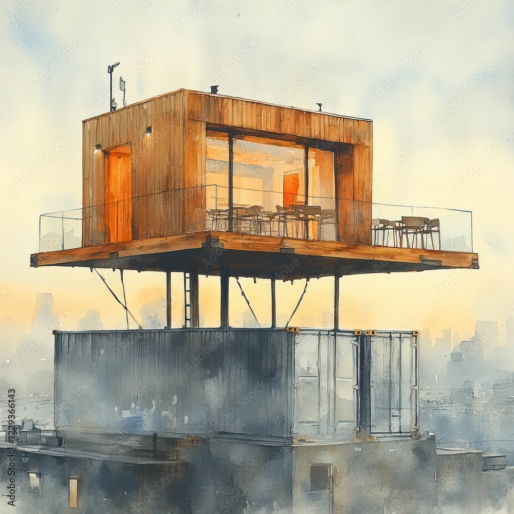 Wall mural Elevated wooden house atop shipping containers city view