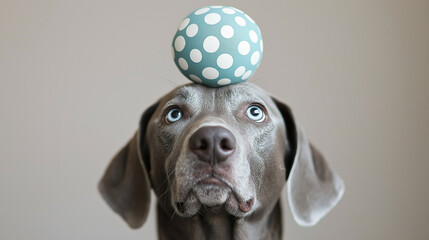 Graceful gray dog balancing a blue polka-dotted ball on its head indoors, showcasing patience and focus