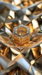 Fototapeta premium Elegant hexagonal glass jar with golden facets on metallic surface abstract background